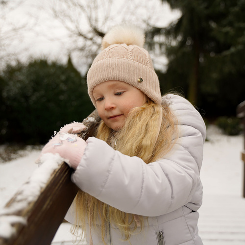 Flicka vinter set: mössa och halsduk, camel, med pompom, Altina