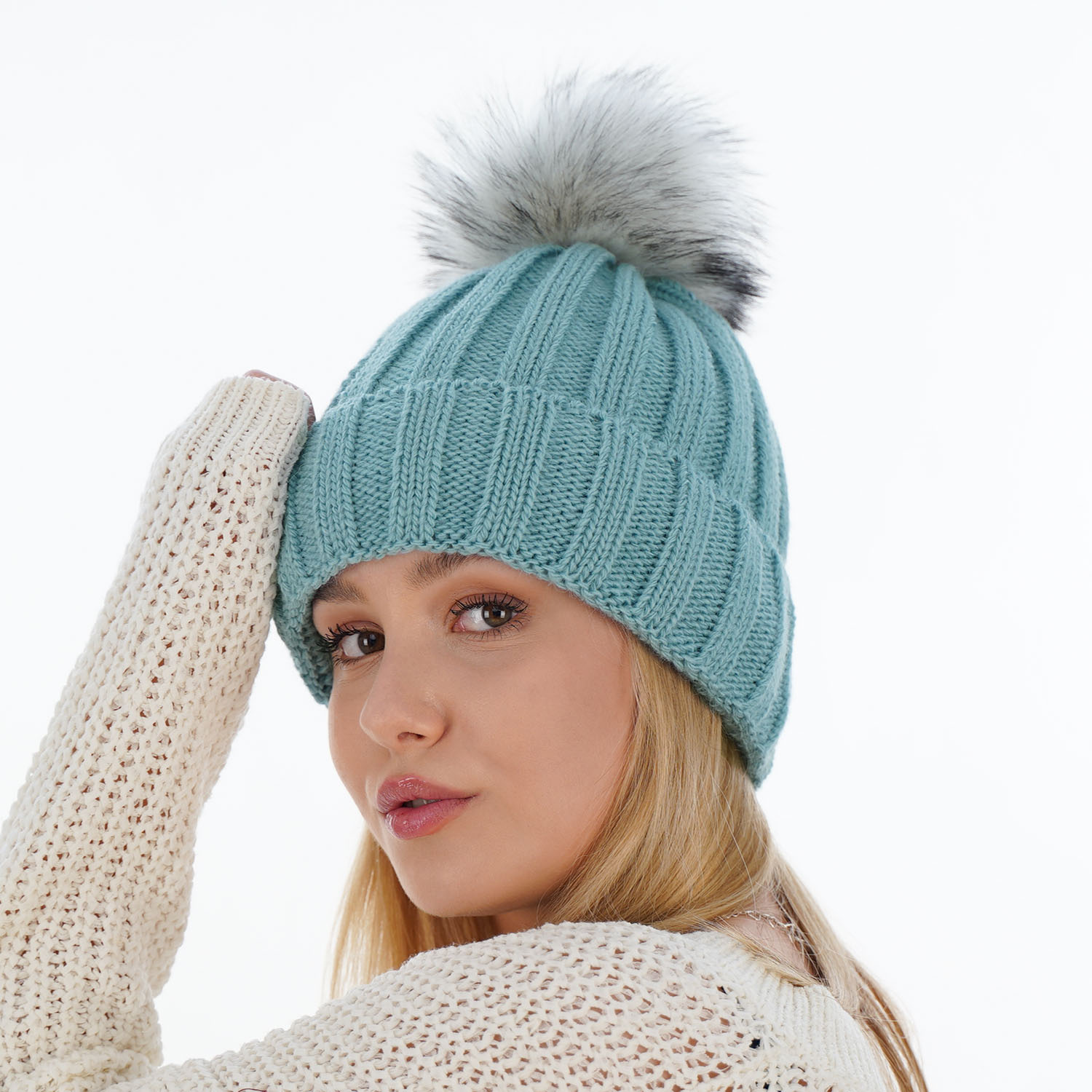 Dam vintermössa, beige, med pompom, Mokka