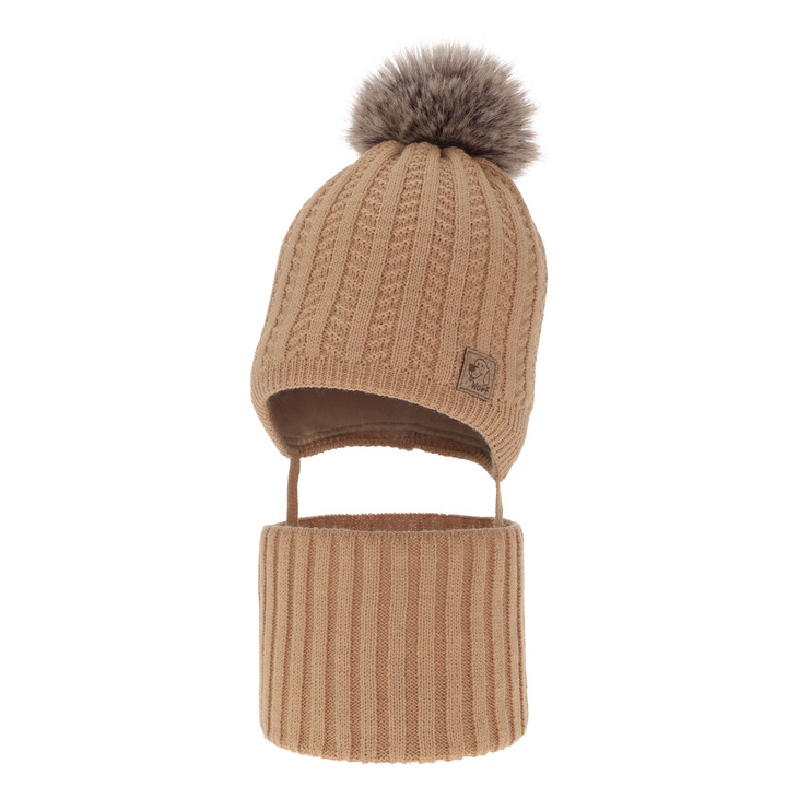 Pojke vinter set: mössa och tubhalsduk, camel, med pompom, Endo