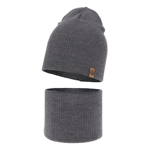 Pojke höst/vår set: mössa och tubhalsduk, grå, 100% Merino Ull, Richi