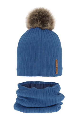 Pojke vinter set: mössa och halsduk, blå, med pompom, Kalen