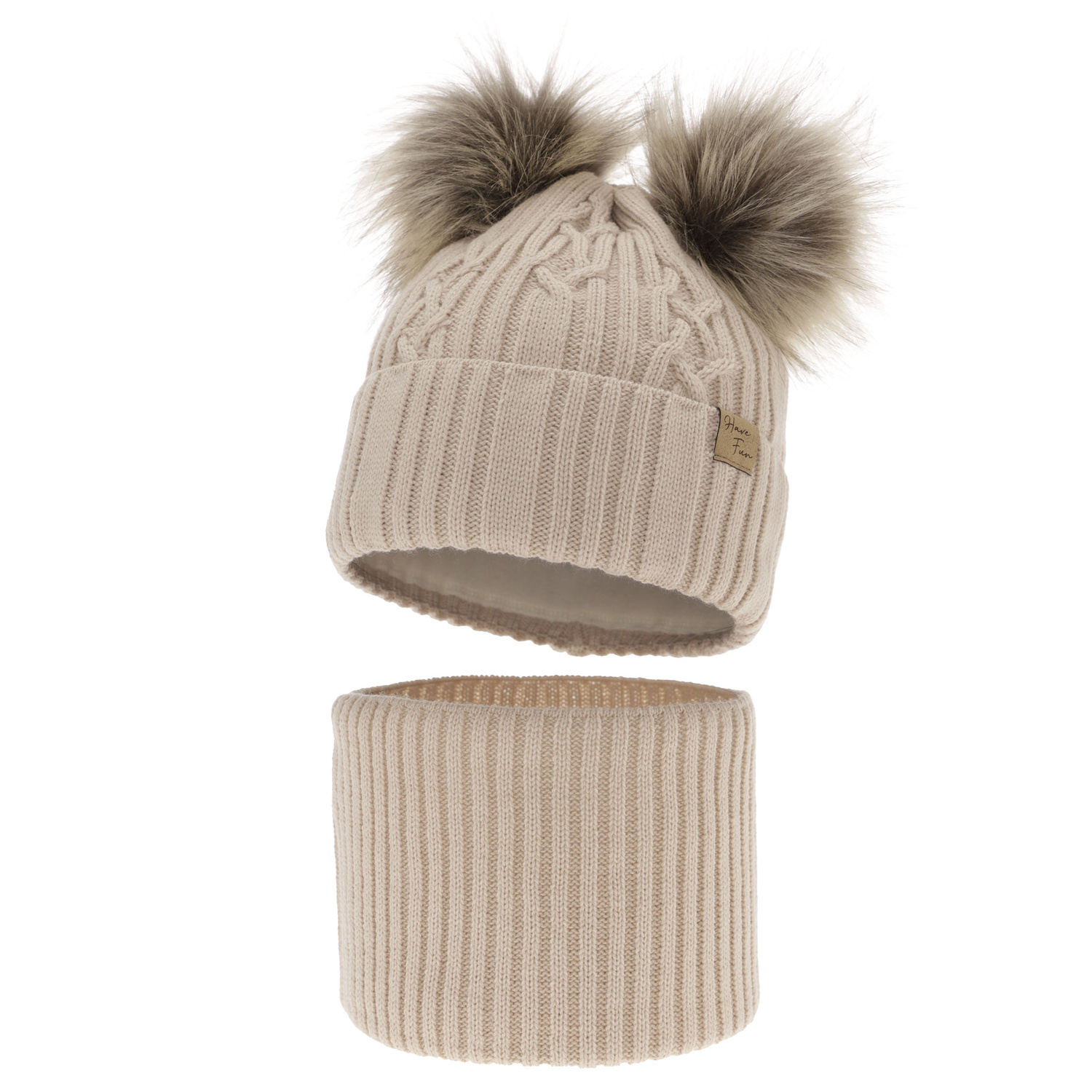 Flicka vinter set: mössa och tubhalsduk, beige, med två pompommar, Sierra