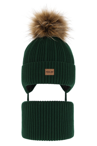 Pojke vinter set: mössa och halsduk, grön, med pompom, knytband, Eger