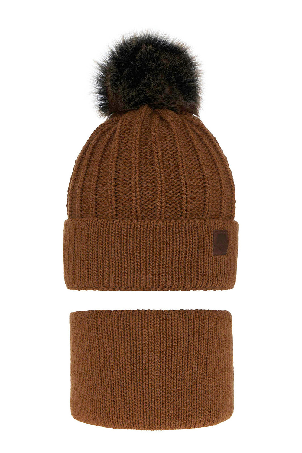 Pojke vinter set: mössa och tubhalsduk, camel, med pompom, Havier