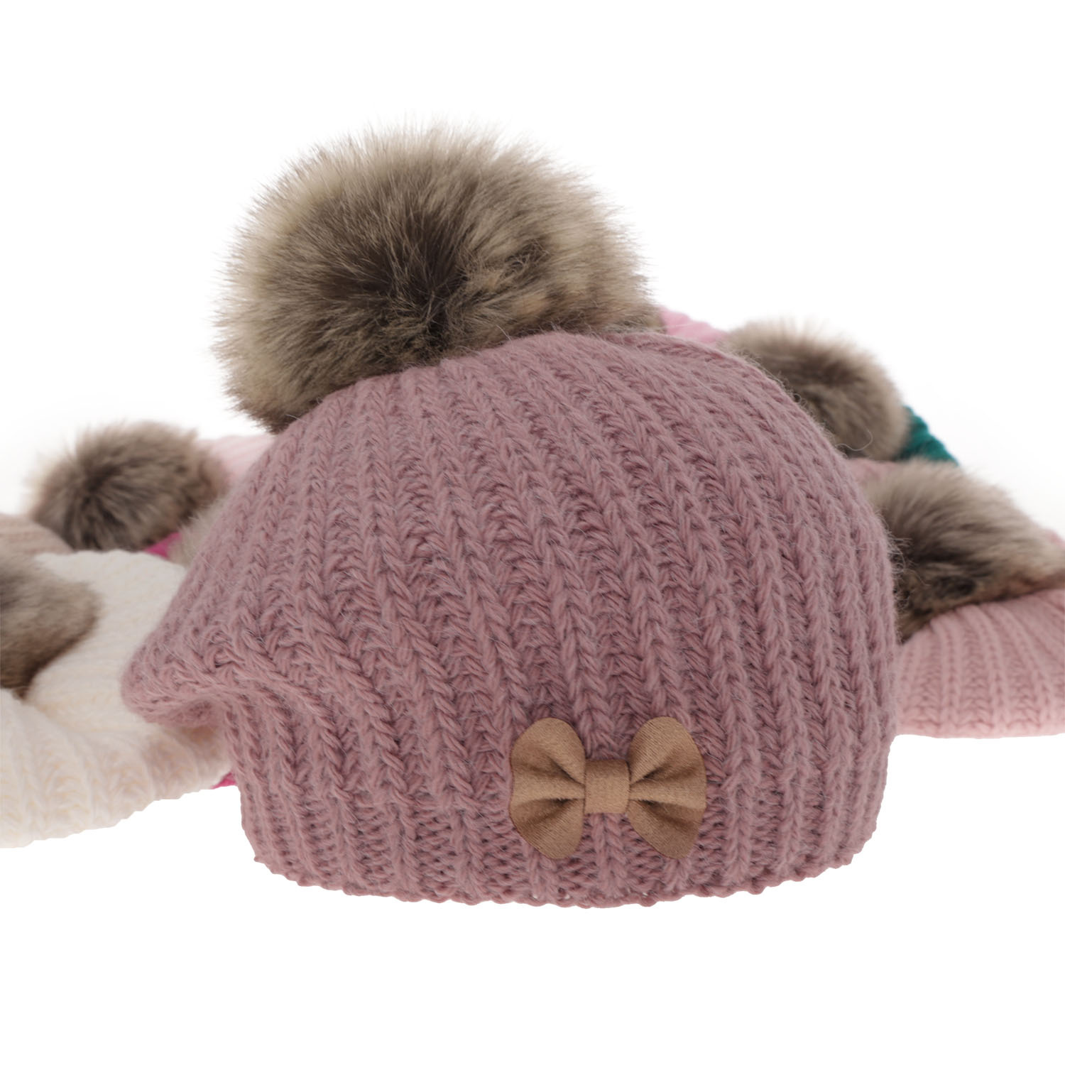 Flicka vinter set: mössa och halsduk, beige, med pompom, Polinezja