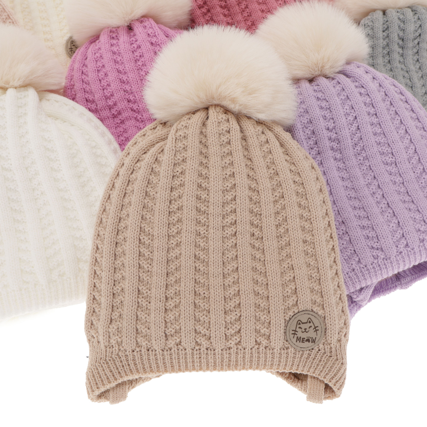 Flicka vinter set: mössa och halsduk, vit, med pompom, Kenta