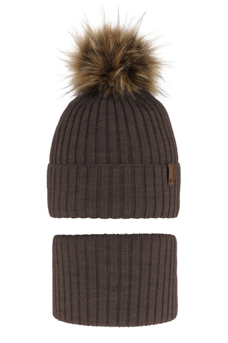 Pojke vinter set: mössa och tubhalsduk, brun, med pompom, Onyks