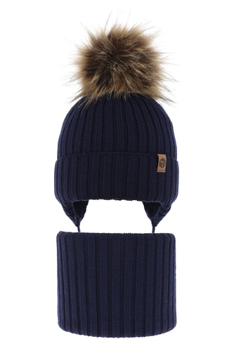 Pojke vinter set: mössa och halsduk, granatowy, med pompom, 100% Merino Ull, Juno