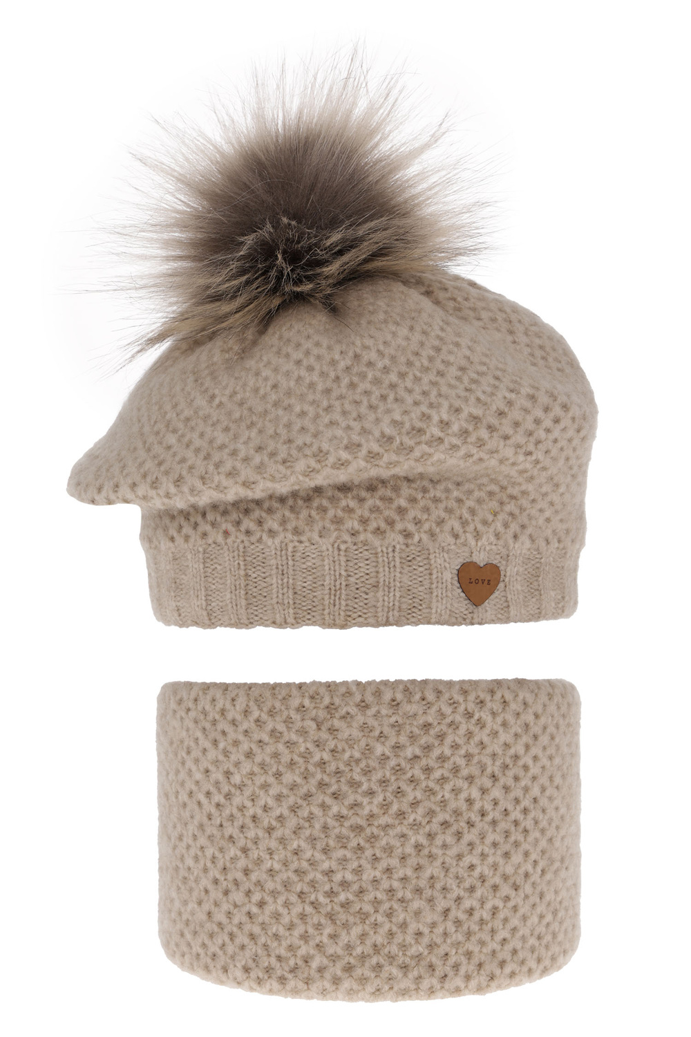 Flicka vinter set: mössa och tubhalsduk, beige, med pompom, Francesca