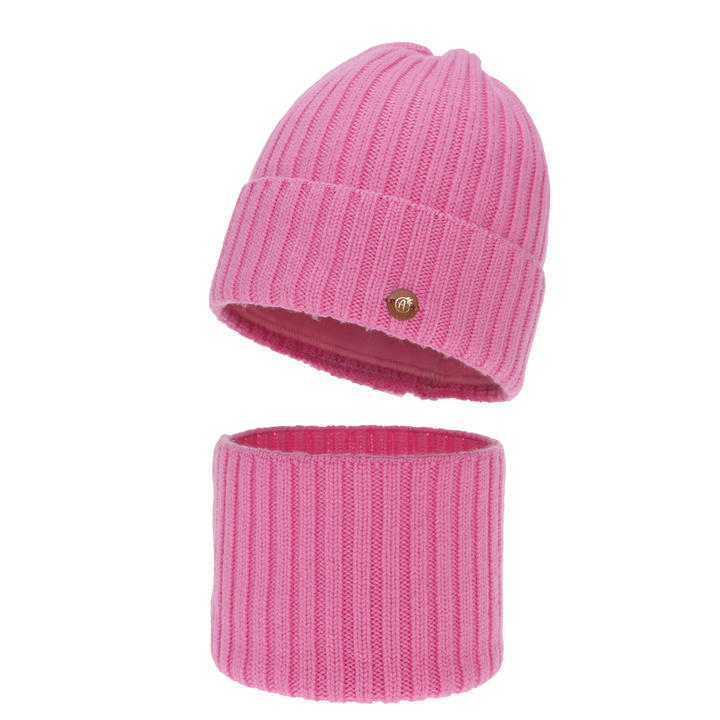 Flicka vinter set: mössa och tubhalsduk, rosa, 100% Merino Ull, fodrad med bomull, Vanira