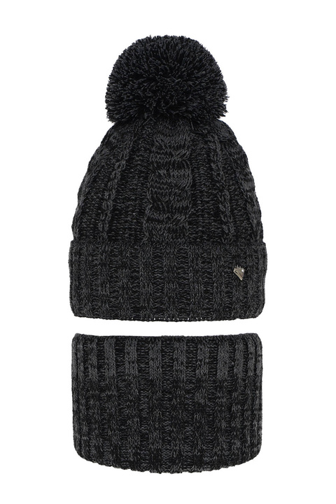 Flicka vinter set: mössa och halsduk, mörkgrå, med pompom, Maroko