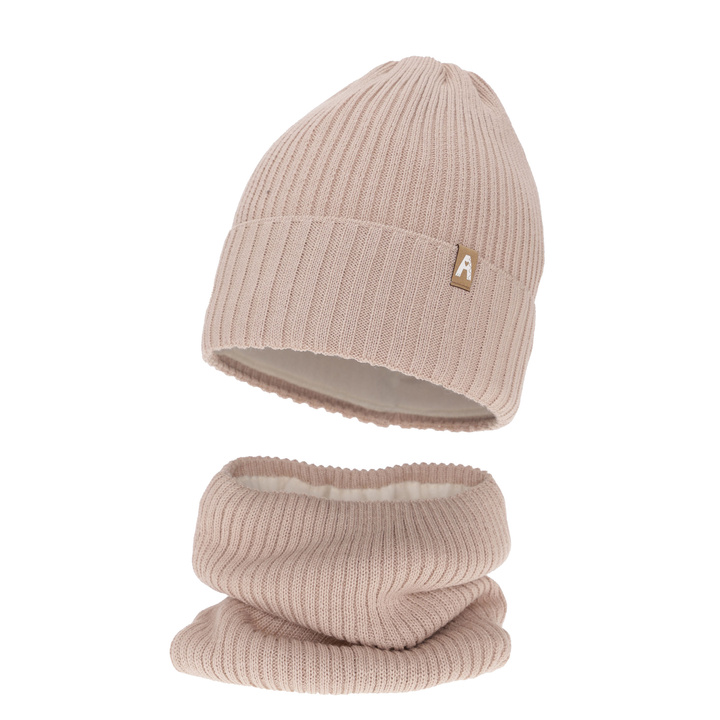 Flicka vinter set: mössa och tubhalsduk, beige, med merinull, fodrad med fleece, Peggy