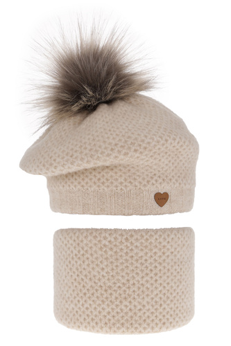 Flicka vinter set: mössa och halsduk, ljusbeige, med pompom, Francesca