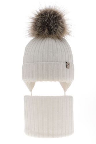 Flicka vinter set: mössa och halsduk, vit, med knytband, 100% Merino Ull, Junika