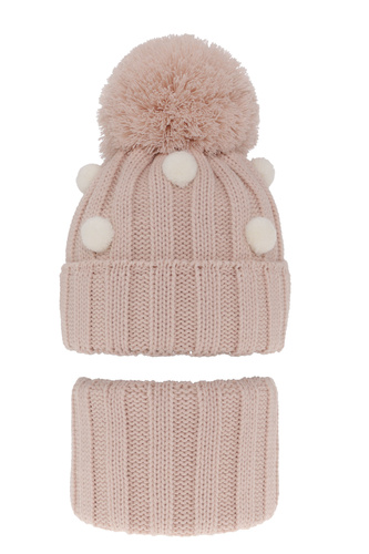 Flicka vinter set: mössa och halsduk, ljusrosa, med pompom, Hekate