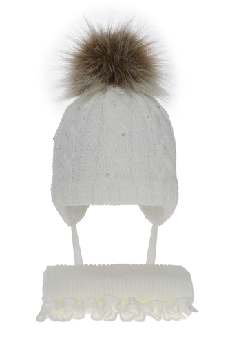 Flicka vinter set: mössa och halsduk, vit, med pompom, Mirella