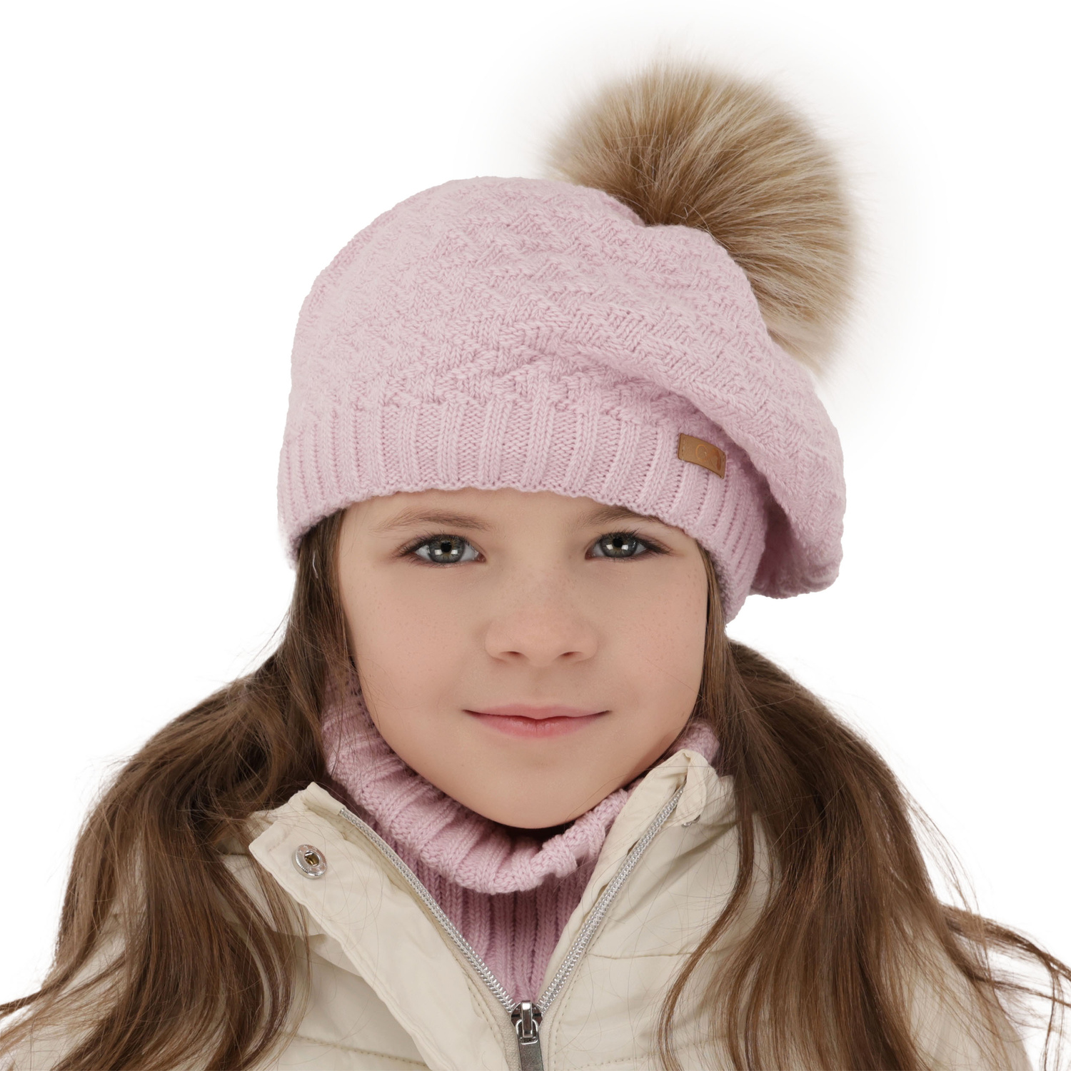 Flicka vinter set: mössa och halsduk, beige, med pompom, Atene