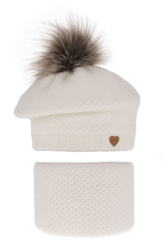 Flicka vinter set: mössa och halsduk, vit, med pompom, Francesca
