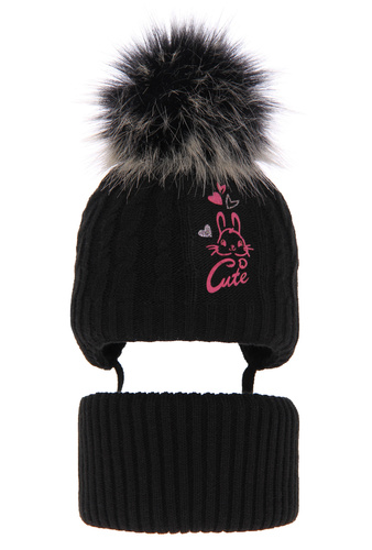Flicka vinter set: mössa och tubhalsduk, svart, med pompom, Treccia