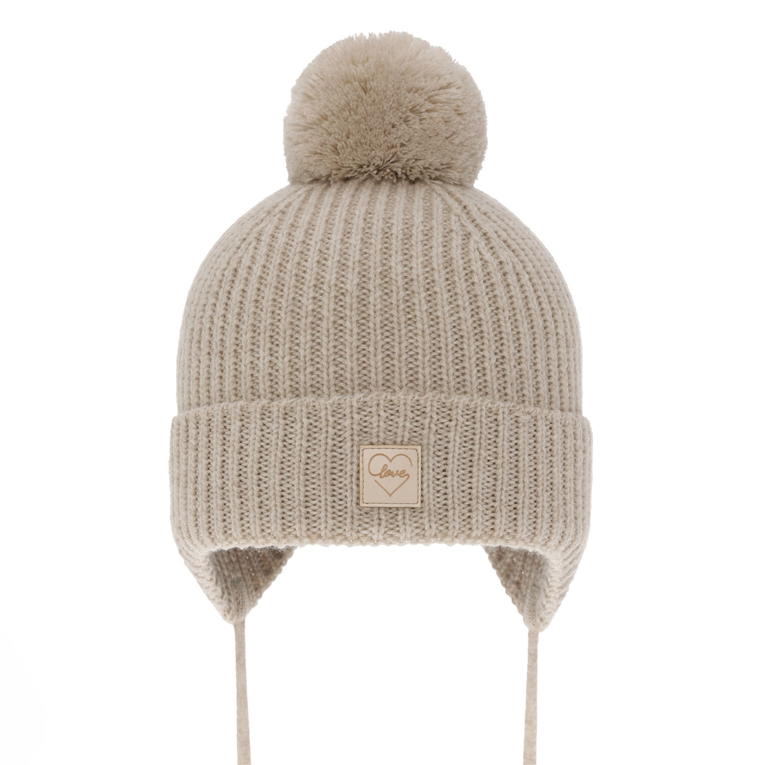 Flicka vintermössa, beige, med pompom, med merinull, fodrad med ullfleece, knytband, Havana