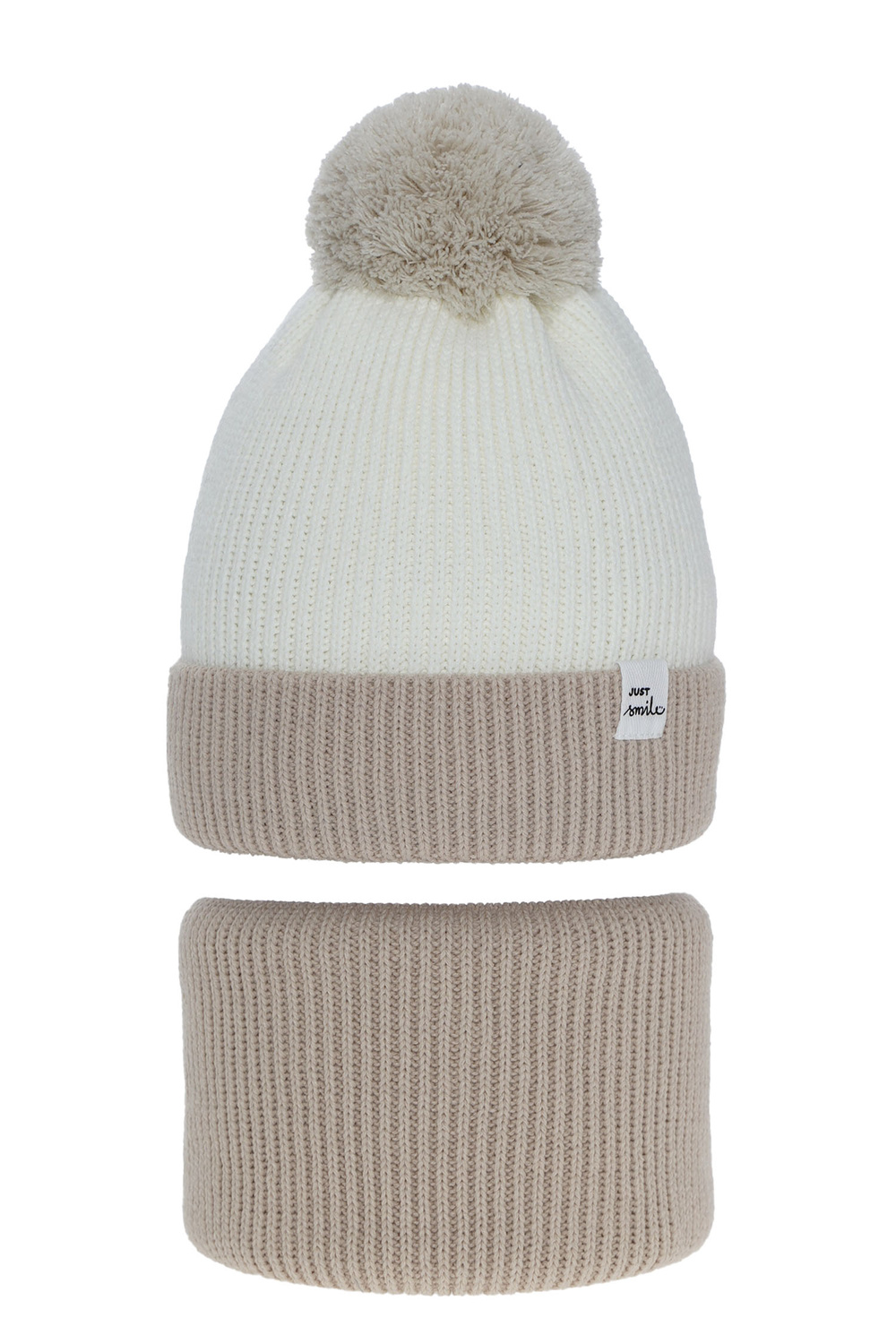 Flicka vinter set: mössa och tubhalsduk, beige, med pompom, Rosalin
