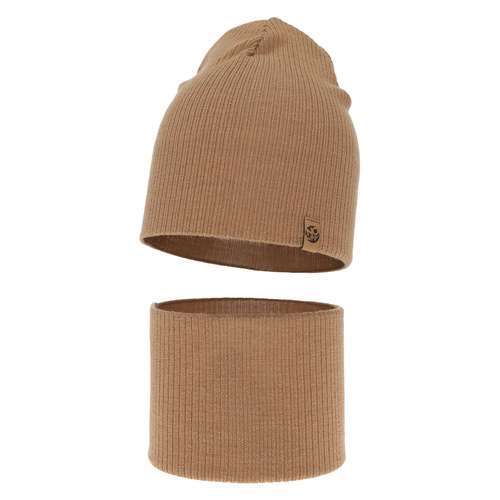 Pojke höst/vår set: mössa och tubhalsduk, camel, 100% Merino Ull, Richi