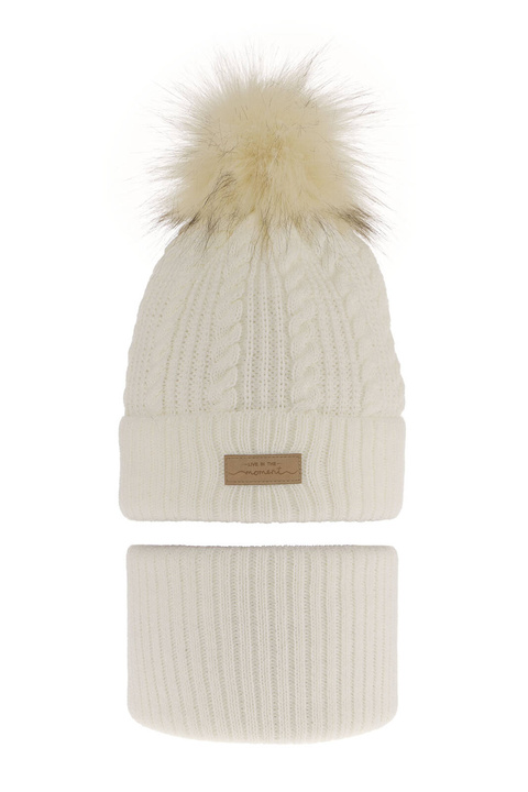 Flicka vinter set: mössa och tubhalsduk, krem, med pompom, Alika