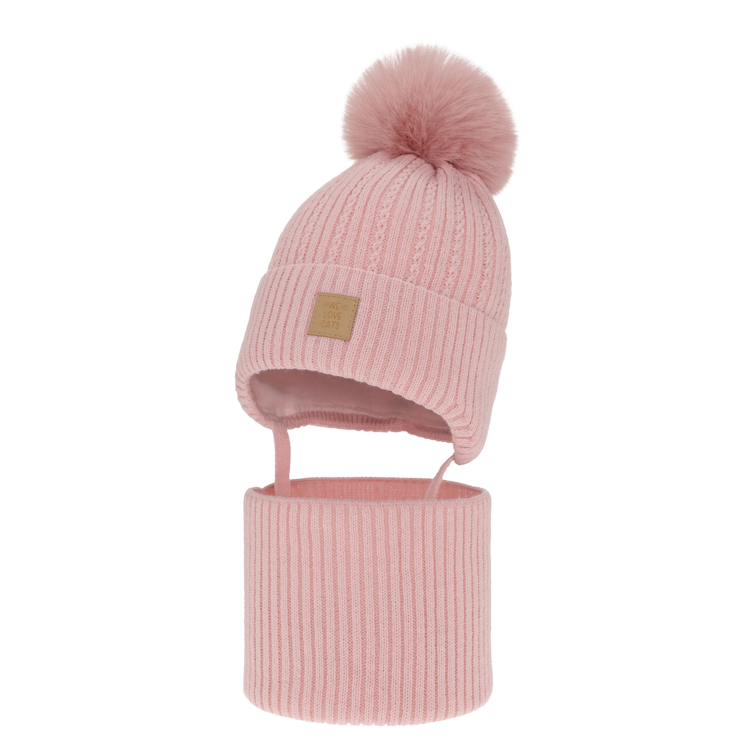 Flicka vinter set: mössa och tubhalsduk, rosa, med pompom, Betty