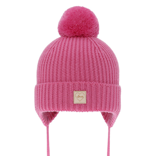 Flicka vintermössa, rosa, 100% Merino Ull, fodrad med ullfleece, med knytband, med pompom, Hakkari