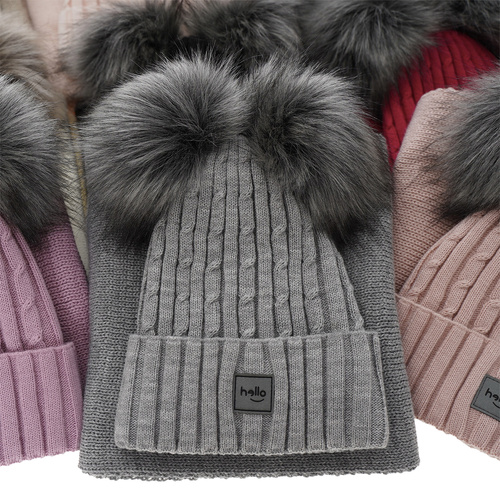 Flicka vinter set: mössa och halsduk, rosa, med två pompommar, Zenda