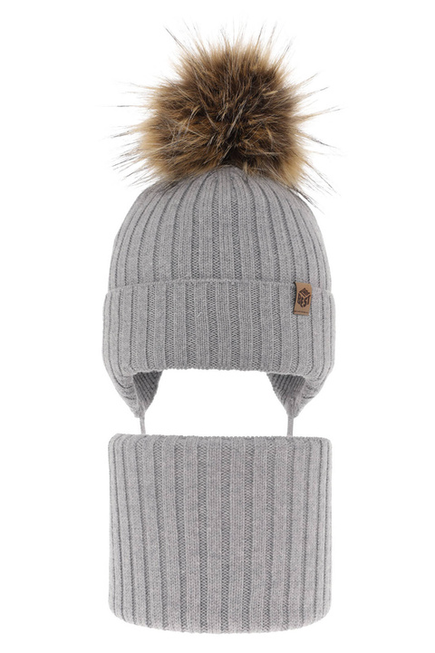Pojke vinter set: mössa och tubhalsduk, grå, med knytband, 100% Merino Ull, Juno