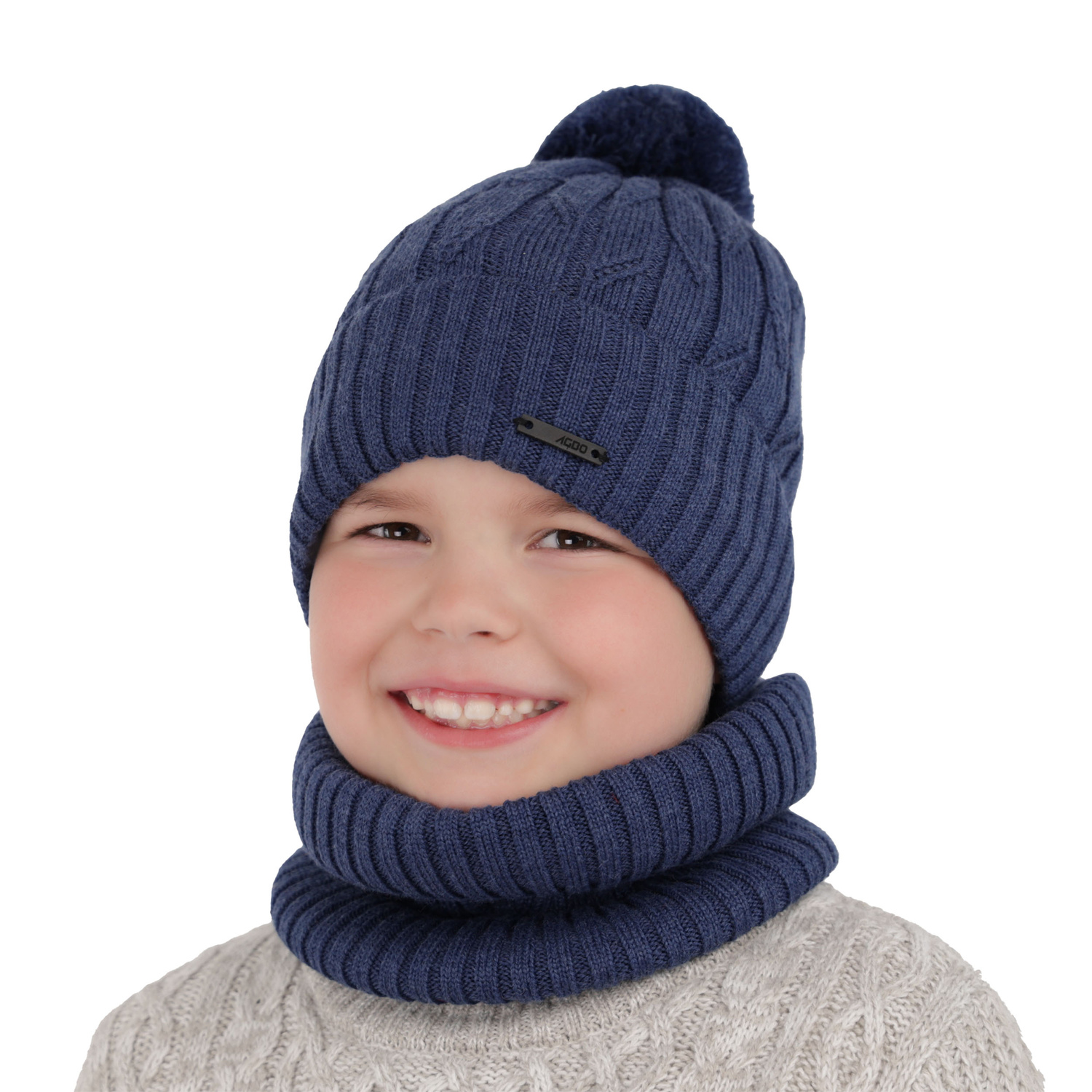 Pojke vinter set: mössa och halsduk, grå, med pompom, med merinull, Talar