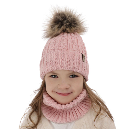 Flicka vinter set: mössa och tubhalsduk, rosa, med pompom, Pretoria