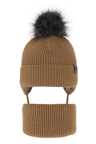 Pojke vinter set: mössa och tubhalsduk, camel, med pompom, knytband, Honed