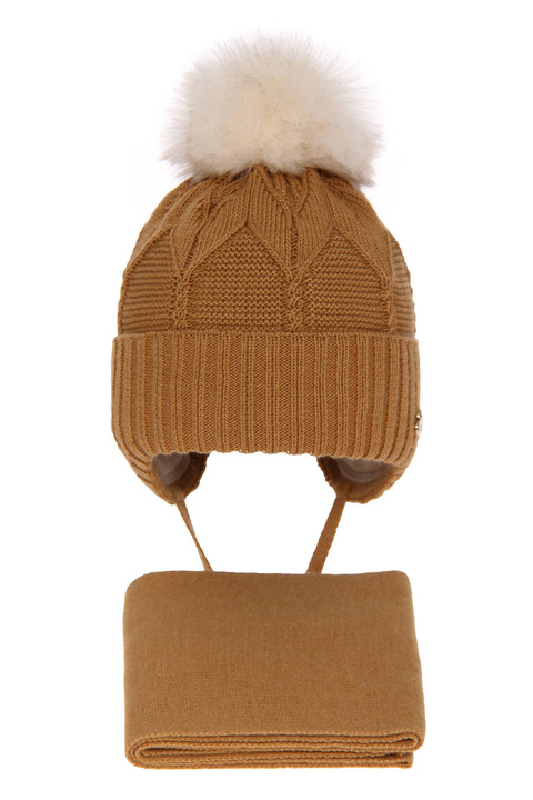 Flicka vinter set: mössa och halsduk, camel, med pompom, Altina