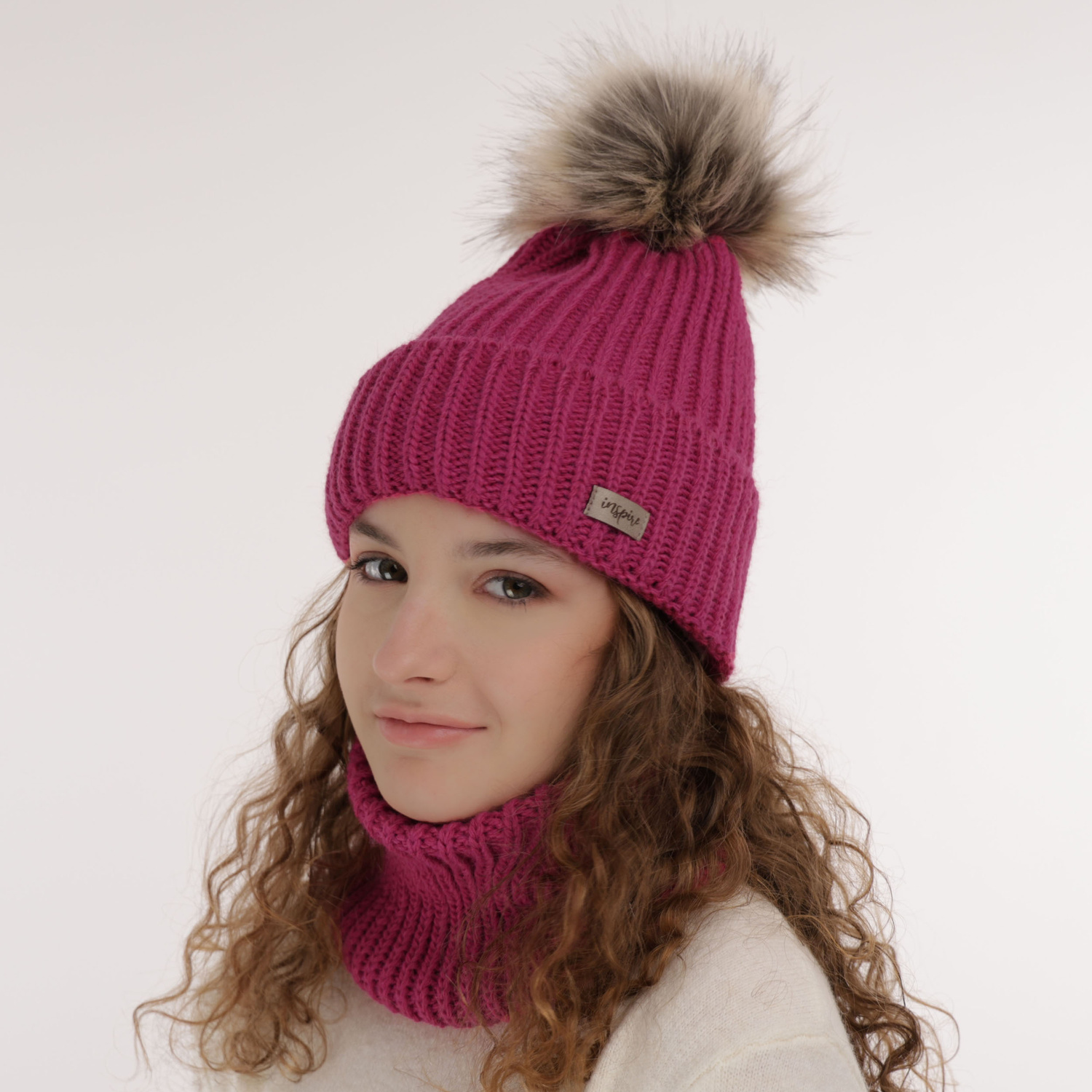 Flicka vinter set: mössa och halsduk, rosa, med pompom, Willow