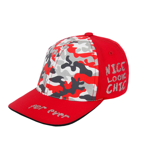 Flicka keps, röd, i bomull, med mönster camo och resår bak