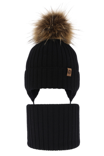 Pojke vinter set: mössa och halsduk, svart, 100% Merino Ull, med knytband, Juno