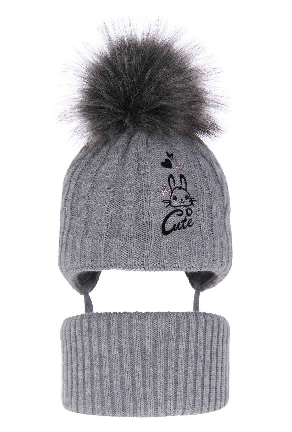 Flicka vinter set: mössa och tubhalsduk, grå, med pompom, Treccia