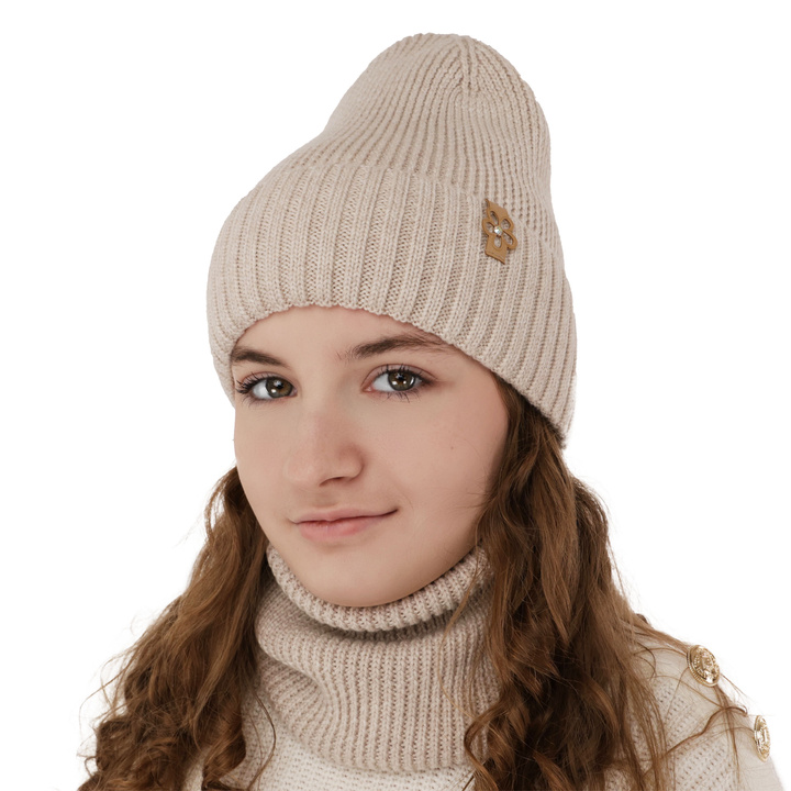 Flicka vinter set: mössa och halsduk, beige, 100% Merino Ull, Nelita