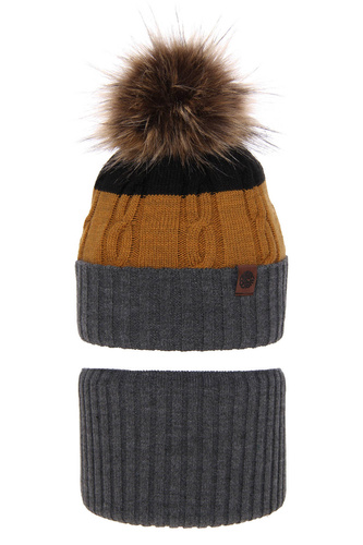 Pojke vinter set: mössa och halsduk, grå, med pompom, Karmel