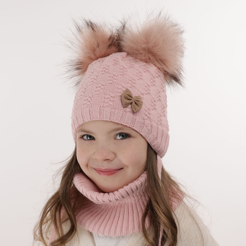 Flicka vinter set: mössa och halsduk, rosa, med två pompommar, Bettina