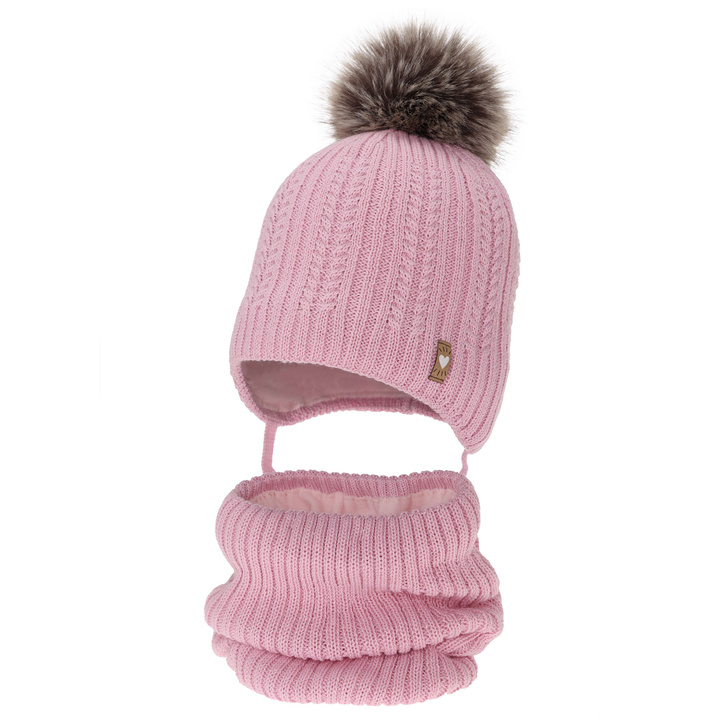 Flicka vinter set: mössa och halsduk, rosa, med merinull, med pompom, Muanda