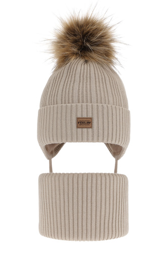 Pojke vinter set: mössa och tubhalsduk, beige, med pompom, Eger
