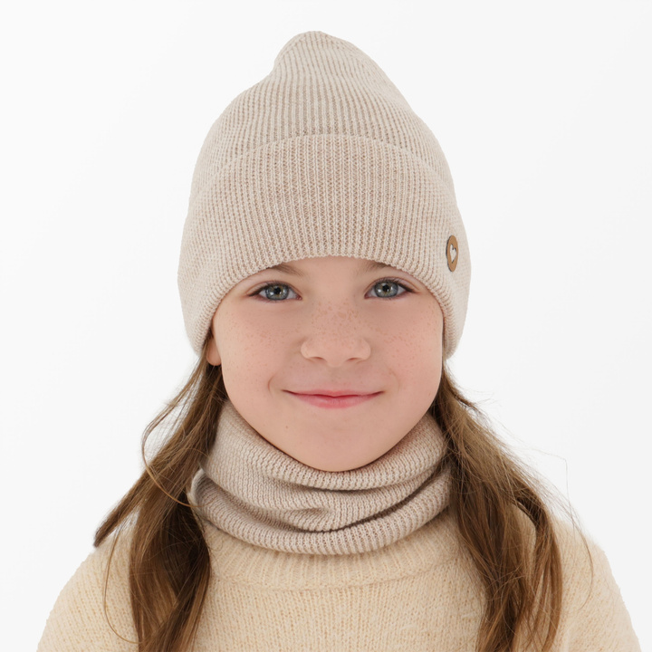 Flicka höst/vår set: mössa och halsduk, beige, 100% Merino Ull, Brook