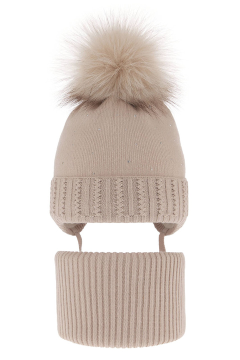 Flicka vinter set: mössa och halsduk, beige, med pompom, knytband, Renia