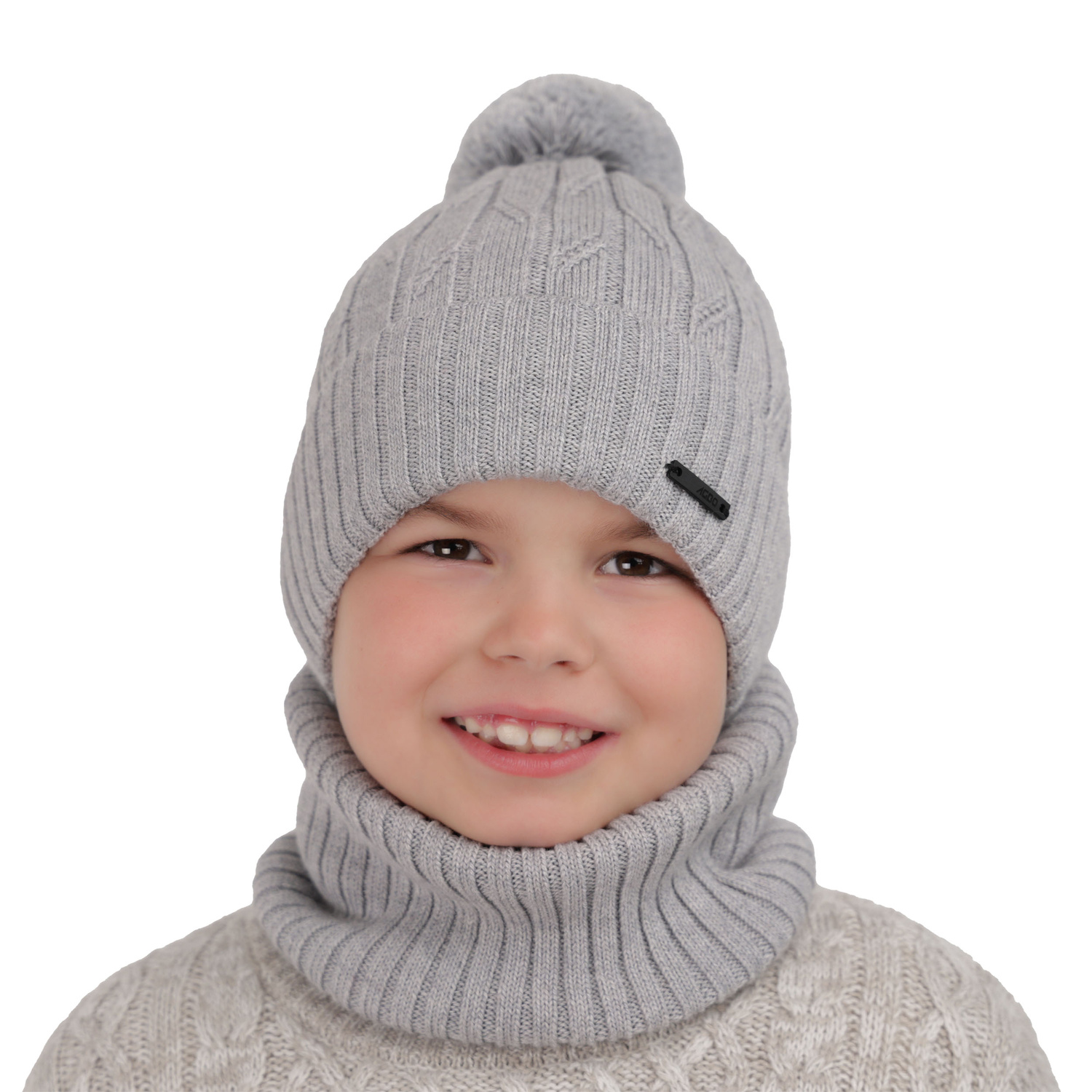 Pojke vinter set: mössa och halsduk, grå, med pompom, med merinull, Talar