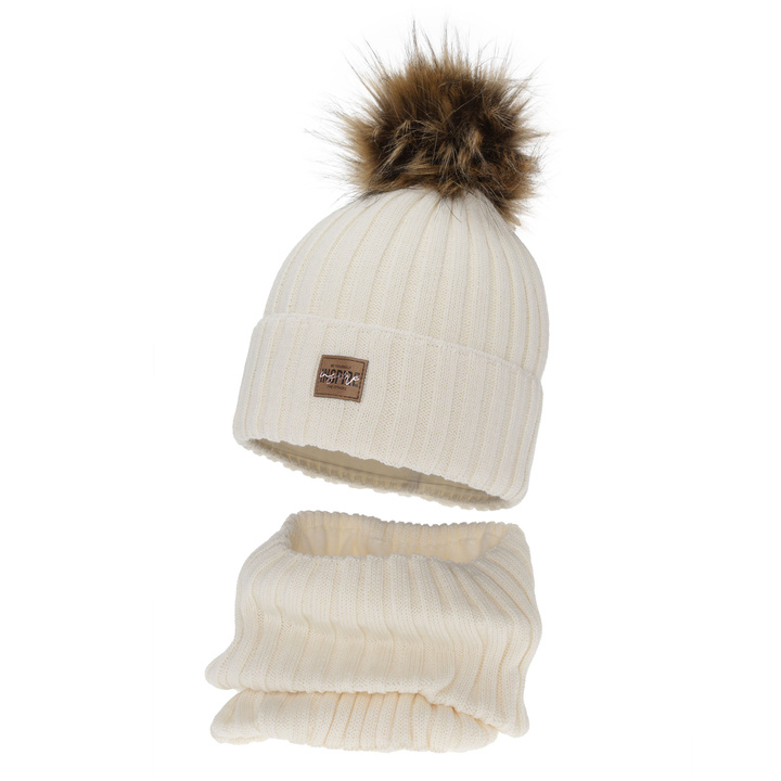 Flicka vinter set: mössa och tubhalsduk, krämvit, fodrad med fleece, med merinull, Bellina