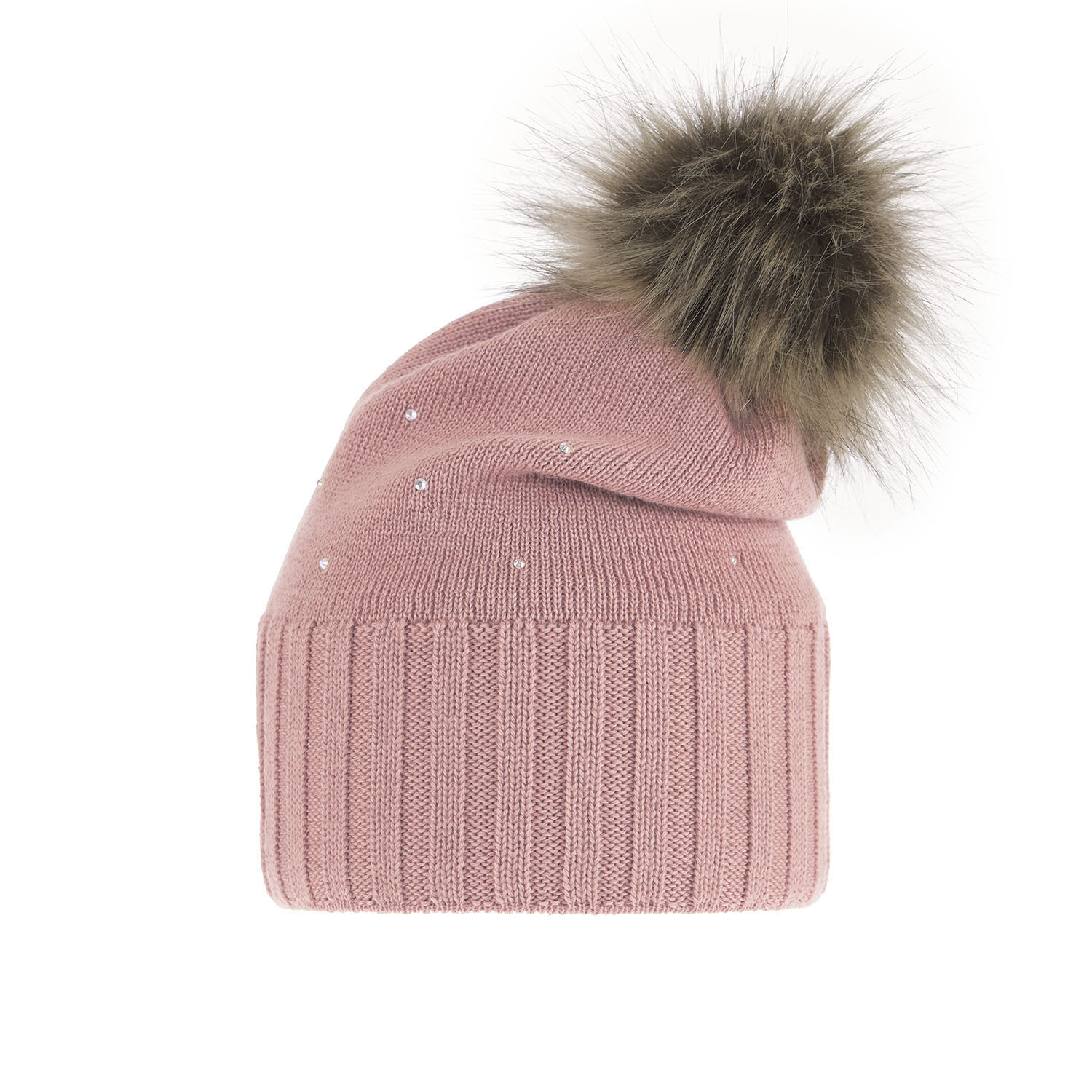 Dam vintermössa, rosa, med pompom, med merinull, Malga