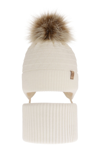 Flicka vinter set: mössa och halsduk, kremowy, med pompom, Egeria